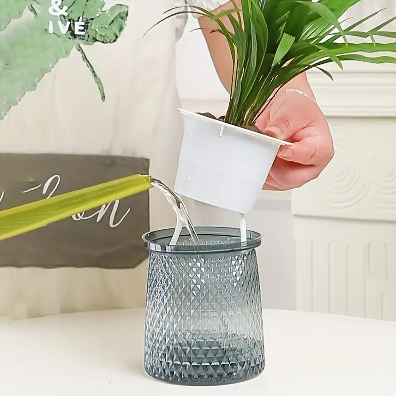 1pc, Diamond Texture Clear Plastic Flowerpot, 10cm/3.94 in Diameter, 12cm/4.72 in Height, Modern Planter with Water Level Indicator for Houseplants, Indoor Outdoor Decor